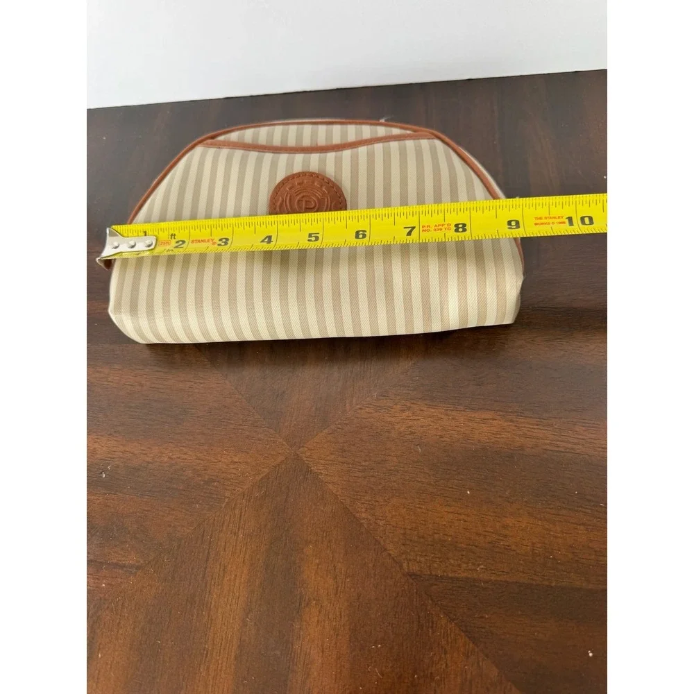 Vintage Tan‎ White Striped Cosmetic Bag Toiletry Pouch Leather Logo Patch